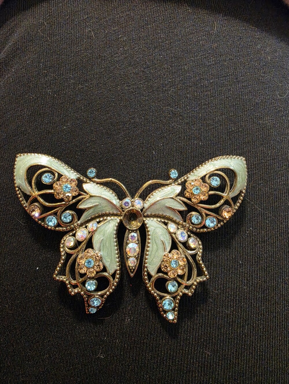 Elegant Mint and Gold Butterfly Brooch with Blue Crystal Accents